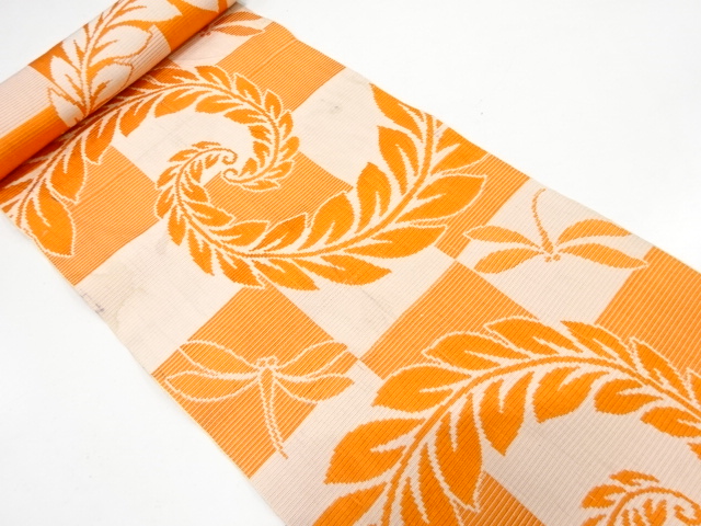 JAPANESE KIMONO / ANTIQUE BOLT FOR HASSUN OBI / WOVEN PLANTS & DRAGONFLY